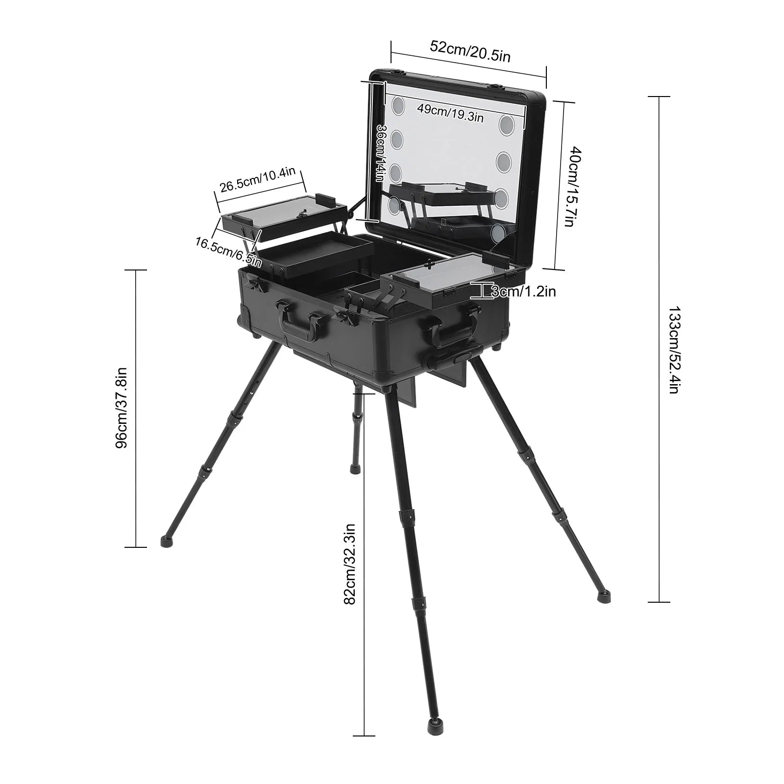 12V Make-up Table with 4 Castors & Lighting & Mirror & Lock, Professional Make-up Station, Adjustable Legs, Cosmetic Organizer B