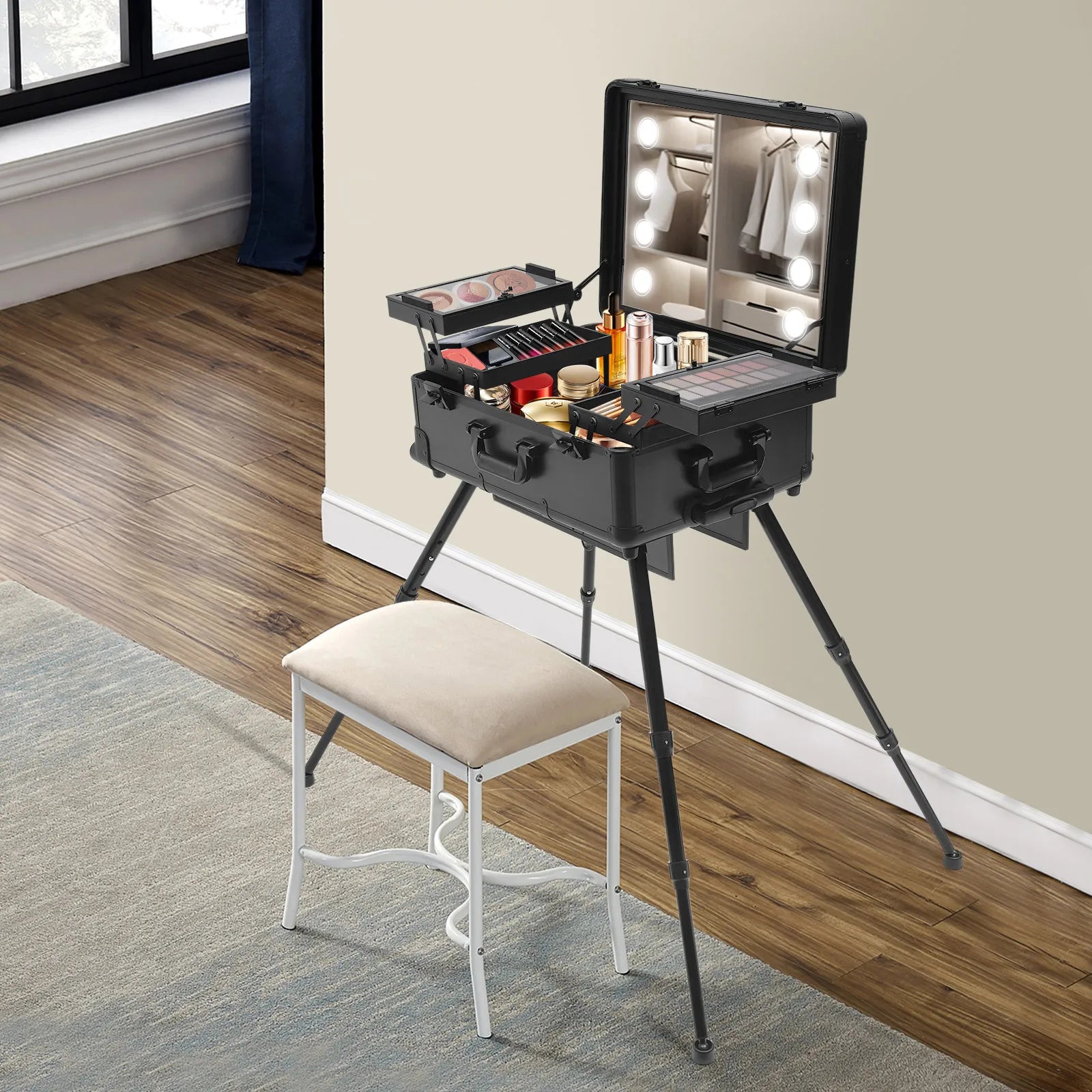 12V Make-up Table with 4 Castors & Lighting & Mirror & Lock, Professional Make-up Station, Adjustable Legs, Cosmetic Organizer B