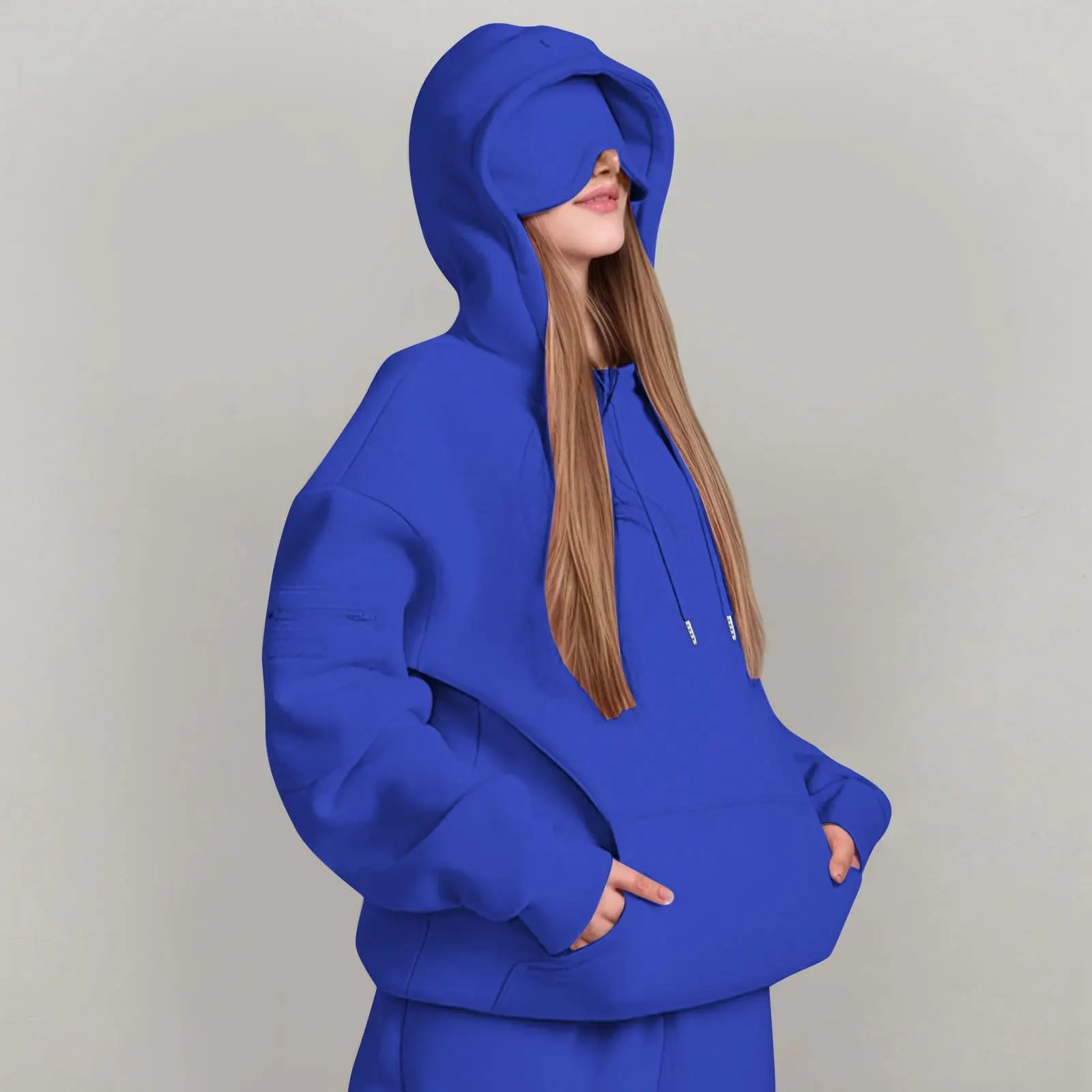 Unisex Hooded Sweatshirt With Built-In Eye Mask Casual Long Sleeved Solid Color Sports Pullover Loose Fit Sweatshirt 2025