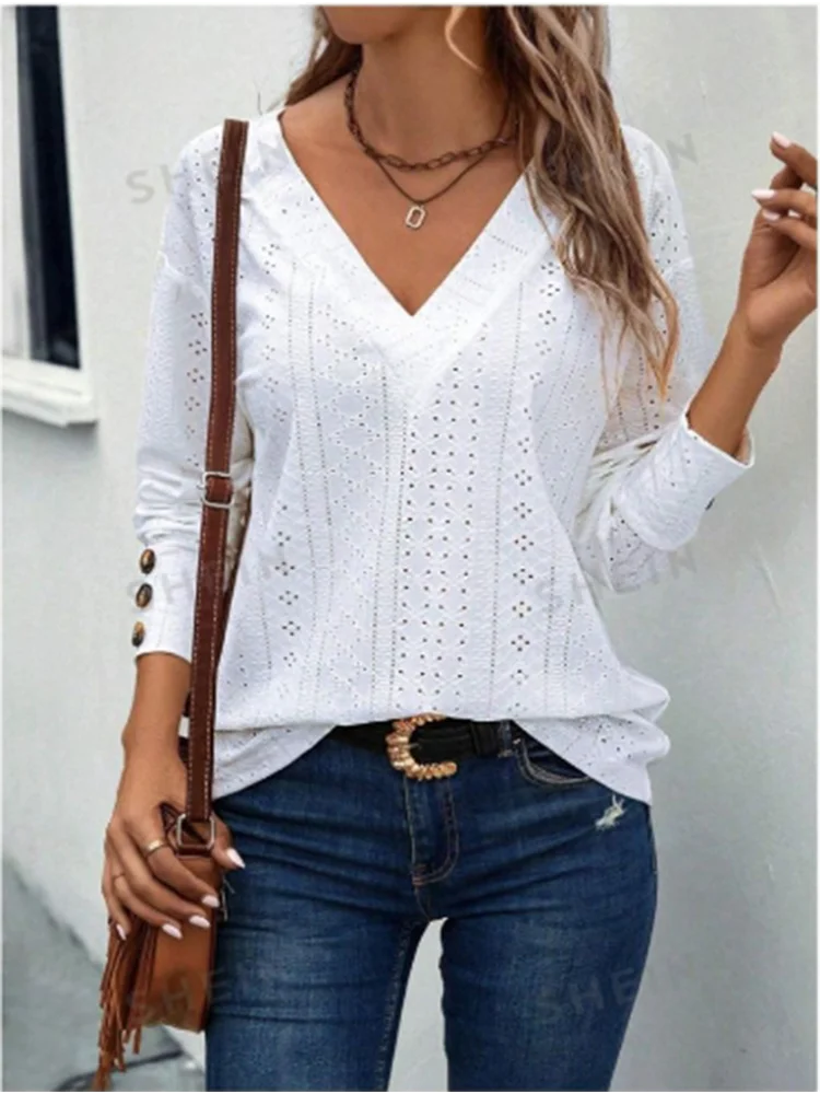 Woman Clothes White V-Neck Long Sleeve T Shirt  Hollow Button Blouse Simple Elegant Autumn Office Lady Tops Woman