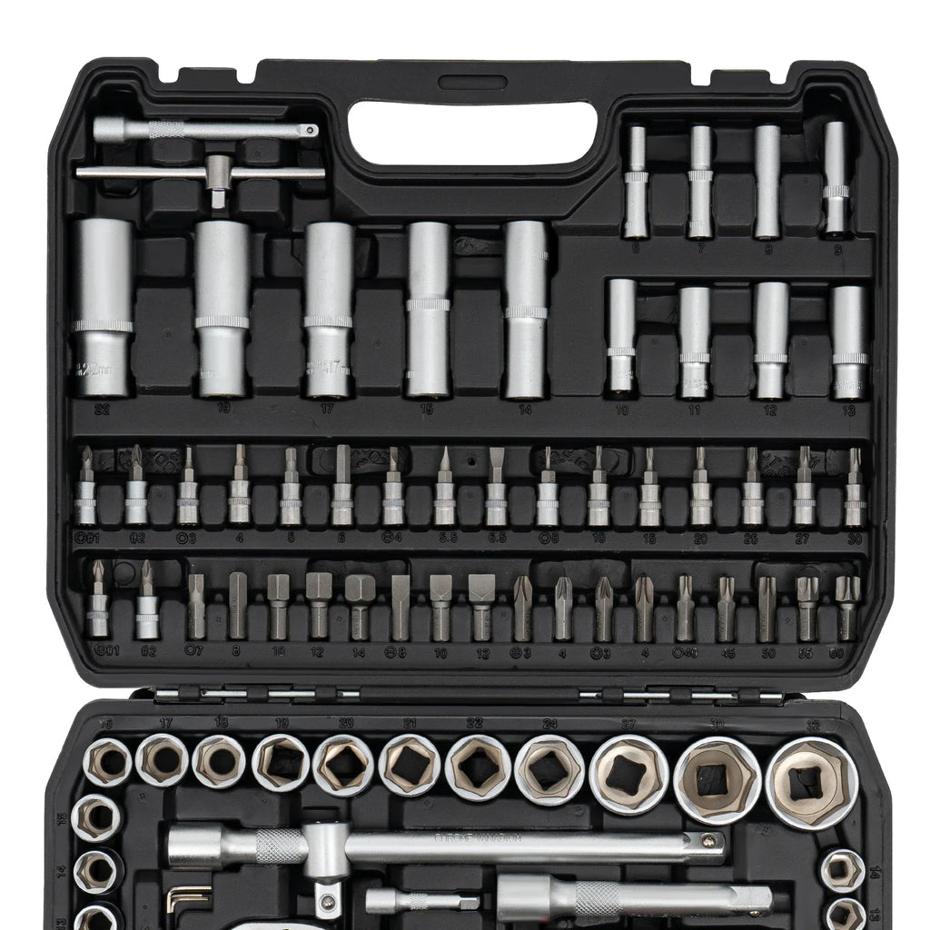 108 Piece Ratchet Wrench Mechanics Tools Set Metric 1/4 And 1/2 Drive Socket Carbon And #45 Steel, PP Kit