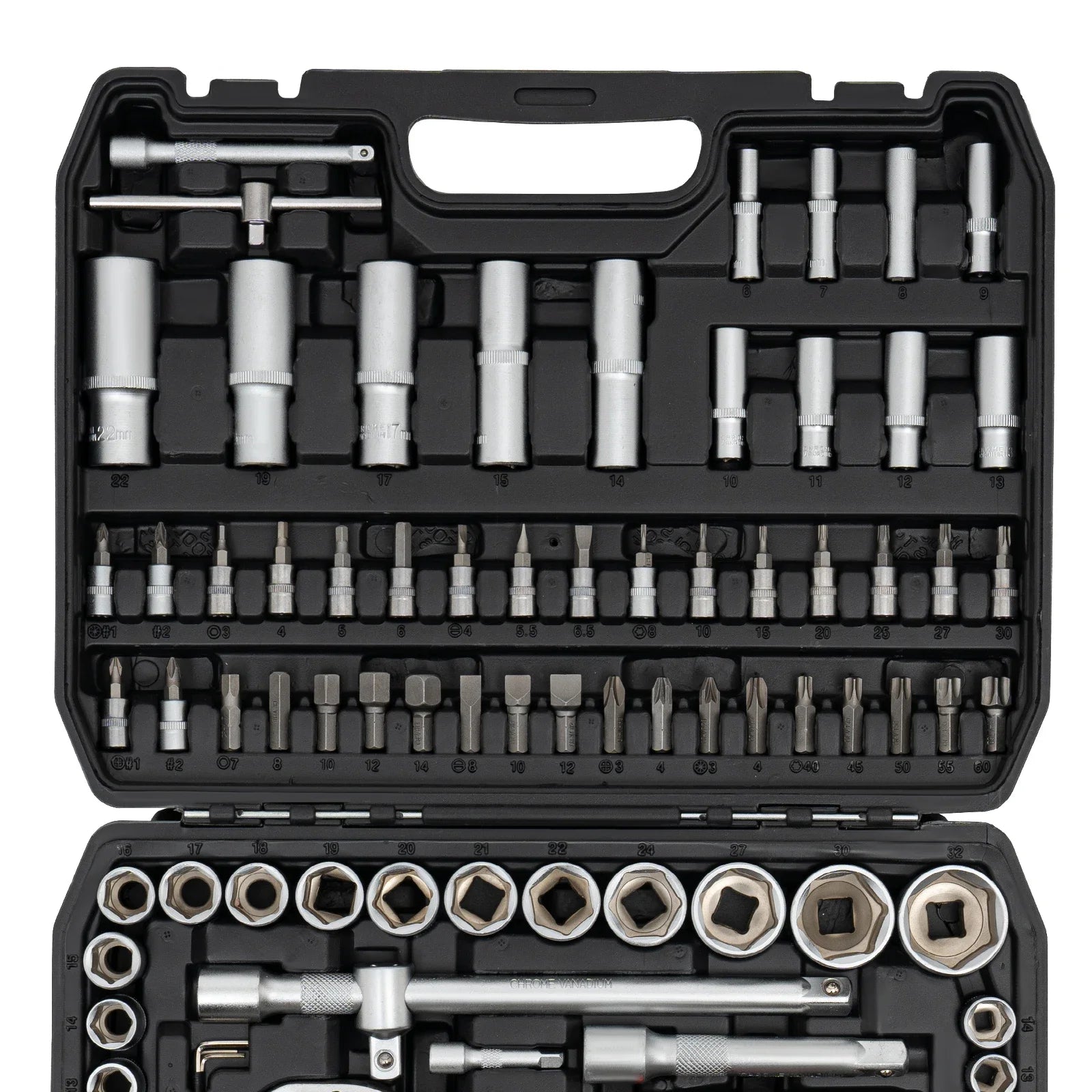 108 Piece Ratchet Wrench Mechanics Tools Set Metric 1/4 And 1/2 Drive Socket Carbon And #45 Steel, PP Kit