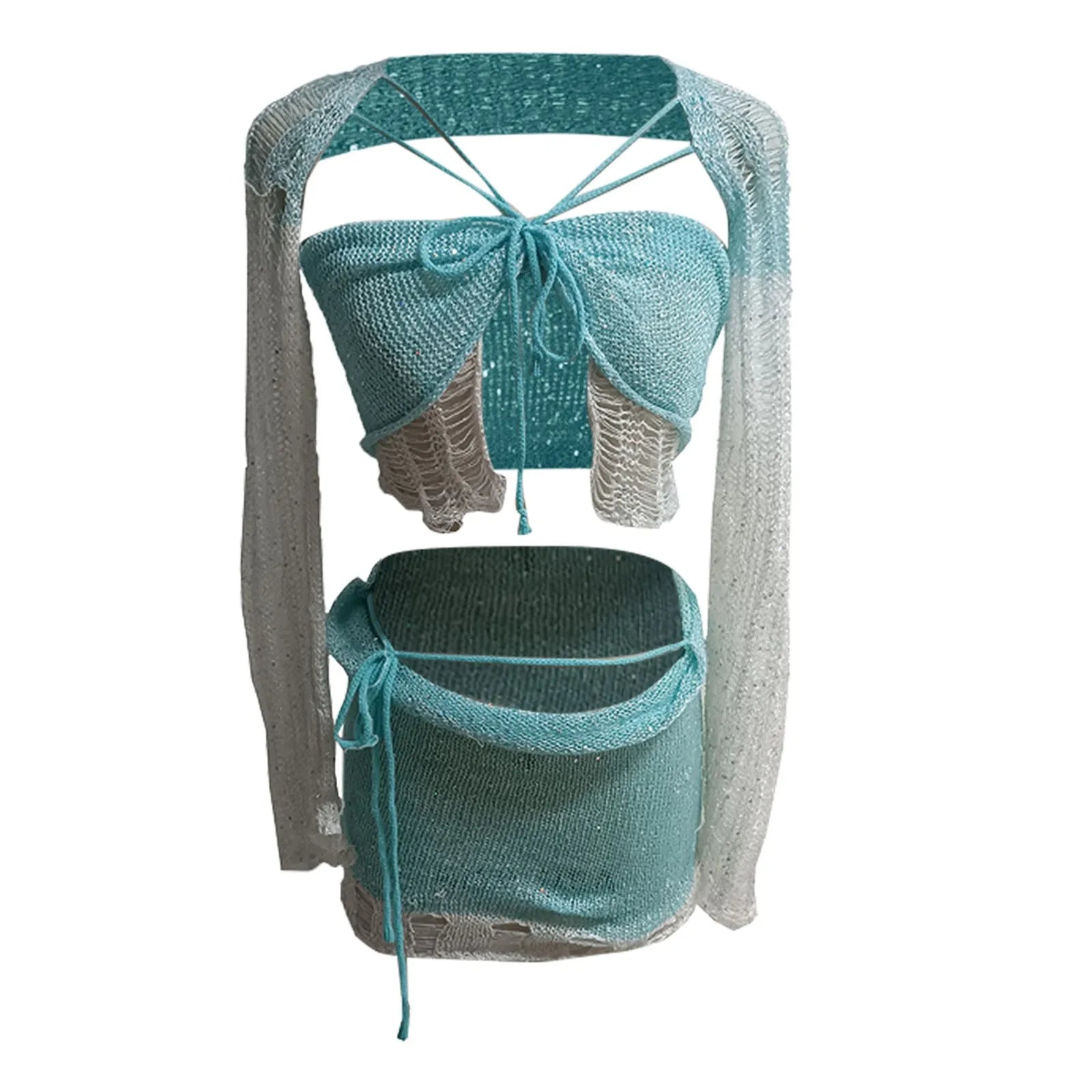 Glitter Sequins Knitted Skirt Sets Women Fashion Hollow Sequins Bandage Tube Top Mini Skirts 3 Piece Outfit Vacation Clothing