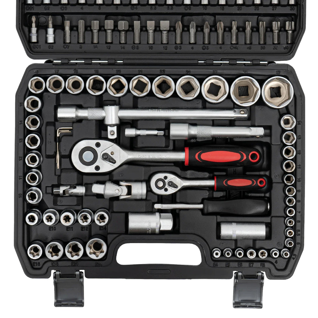 108 Piece Ratchet Wrench Mechanics Tools Set Metric 1/4 And 1/2 Drive Socket Carbon And #45 Steel, PP Kit