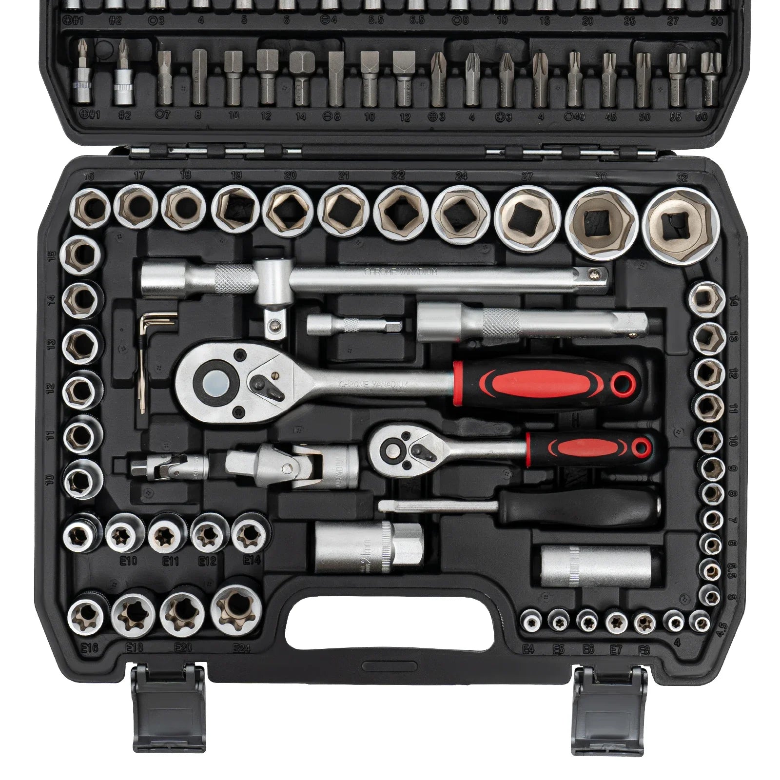 108 Piece Ratchet Wrench Mechanics Tools Set Metric 1/4 And 1/2 Drive Socket Carbon And #45 Steel, PP Kit